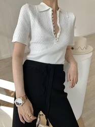 White top knitted short-sleeved T-shirt 2024 new style short polo collar shirt design for summer