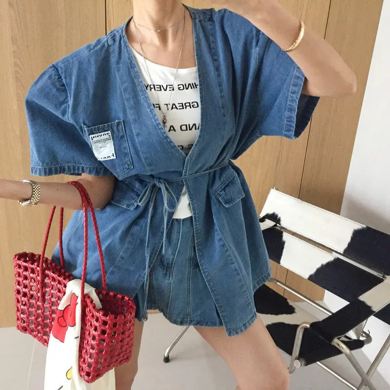 

Loose Women's Denim Shirt Back Slit Waist Belt French Style Short Sleeve V-Neck Casual Shirt Girl's Fashion Summer Shirt