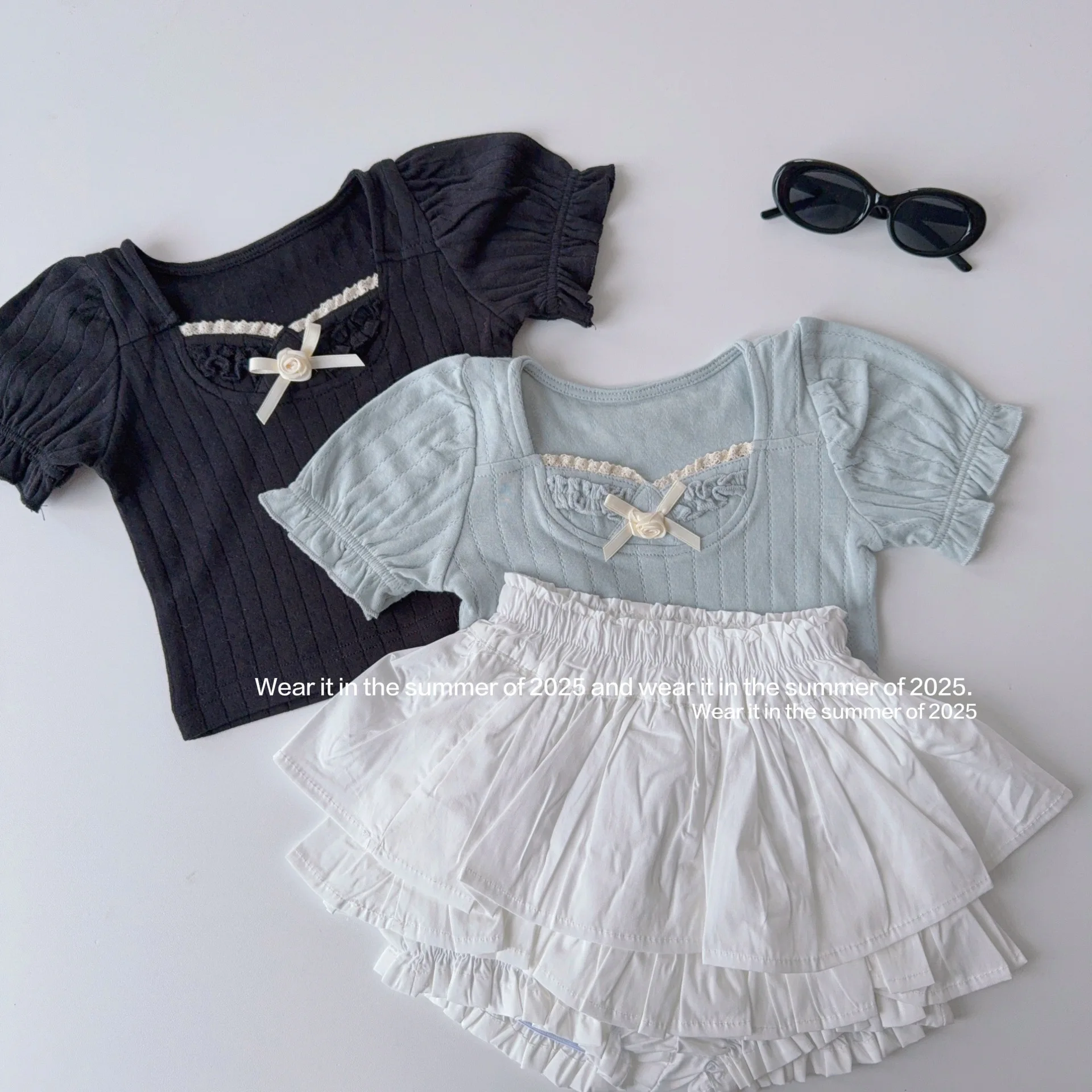 

Bubble Sleeve T-shirt Summer New 2025 Korean Fashion Cute Sweet Doll Collar Buttful-knot Bubble Sleeve T-shirt