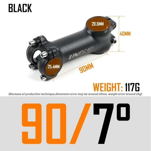 UNO Fahrrad Vorbau Ultraleicht 7/17/35 Grad 28,6x25,4 MM 60-130 MM MTB Road Vorbau Fahrrad für Gabel Berg MTB Fahrrad Kalloy Schwarz Splitter