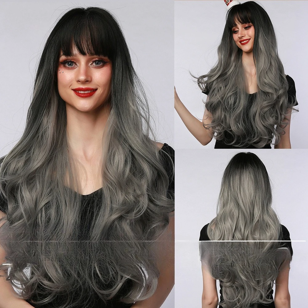 

Cosplay anime bangs big waves long curly hair halloween christmas gradual change gray wig fluffy