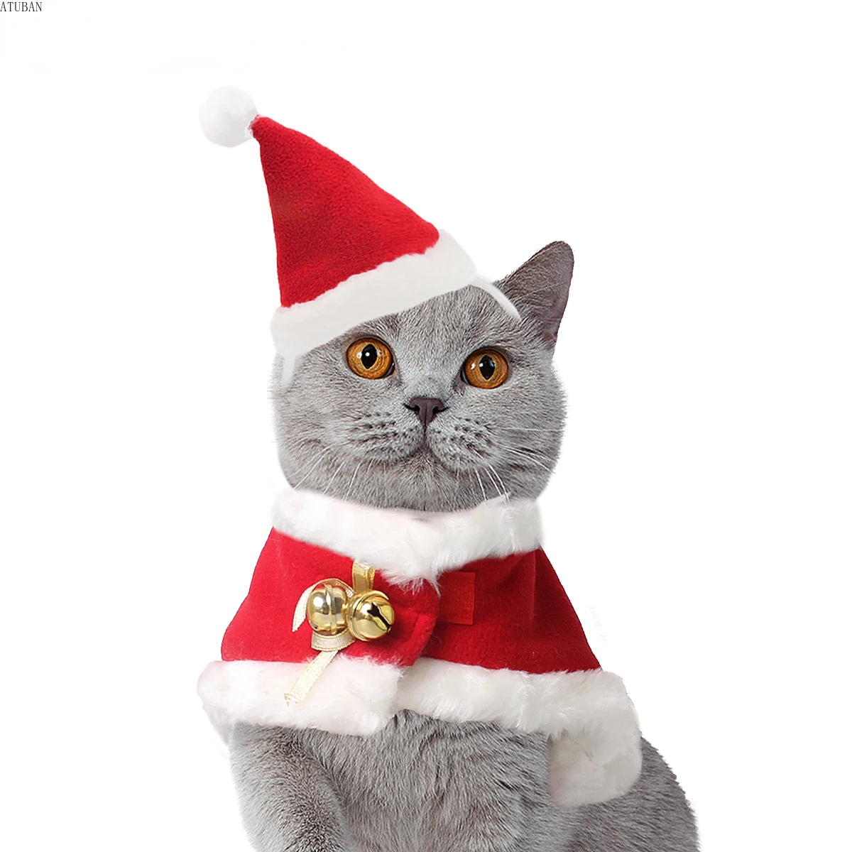 ATUBAN Pet Christmas Costume Cat Santa Outfit Small Dog Xmas Hat with Cloak Set Cat New Year Apparel Cat Costumes