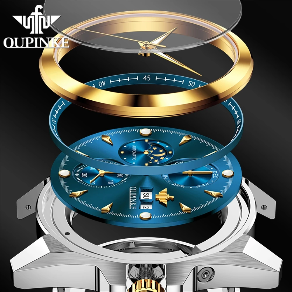 OUPINKE 3299 Moon Phase Automatic Man Watch Waterproof Dual Calendar Chronograph Luxury Original Brand Mechanical Men's Watches