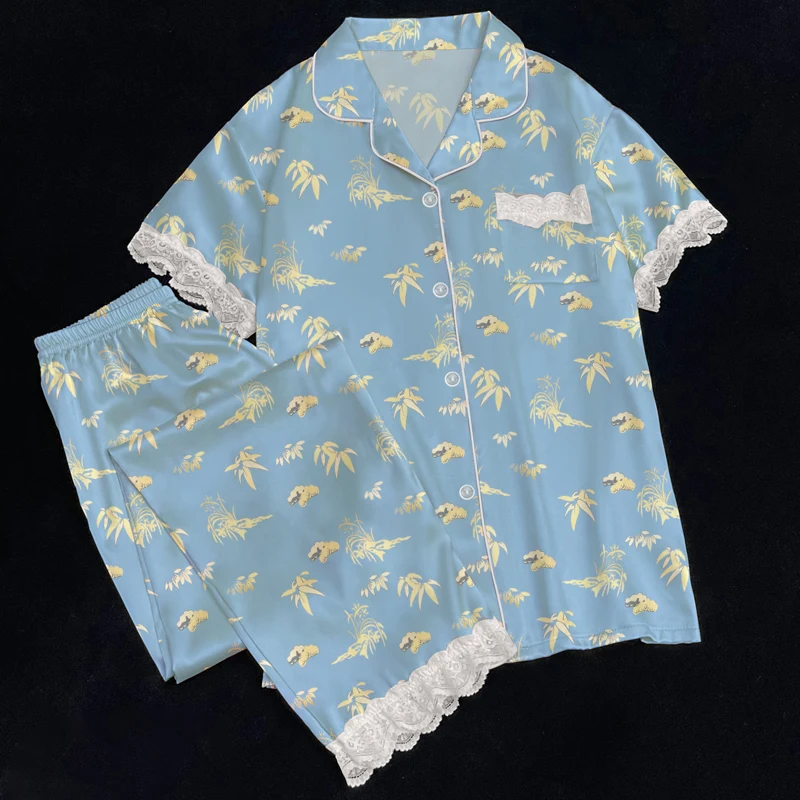 

Chinese Style Bamboo Print Pajamas Set for Women Vintage Casual Short Simple Set 2 Piece Pajamas Summer New Short Loungewear