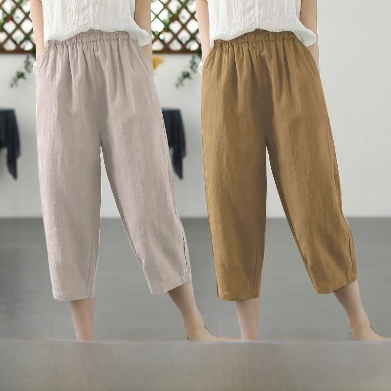 Cotton Blend Wide Leg Cotton Blend Women's Summer New Style Thin High Waist Loose Slimming Carrot Pants Casual Pocket Handker...