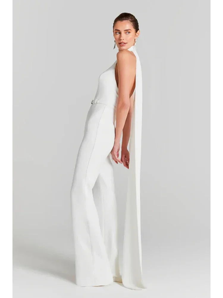 

Sexy White Sleeveless Backless Halter Neck Long Draped Jumpsuit Women Slim Fit Wide Leg Jumpsuits Elegant Evening Party Runway