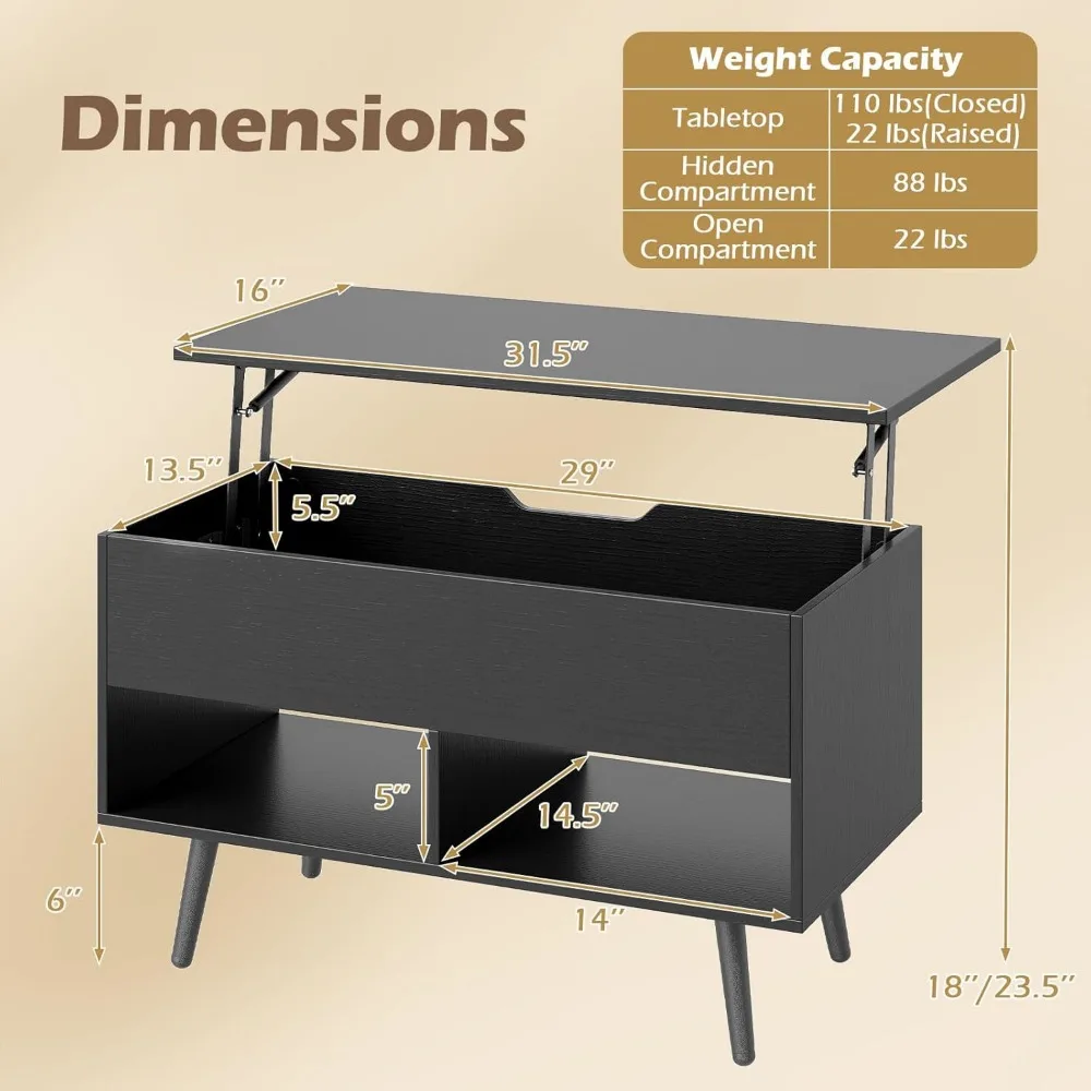 طاولة قهوة حديثة قابلة للرفع مع مساحة تخزين مخفية ورفين مفتوحتين، سحب خشبي لغرفة المعيشة المعاصرة