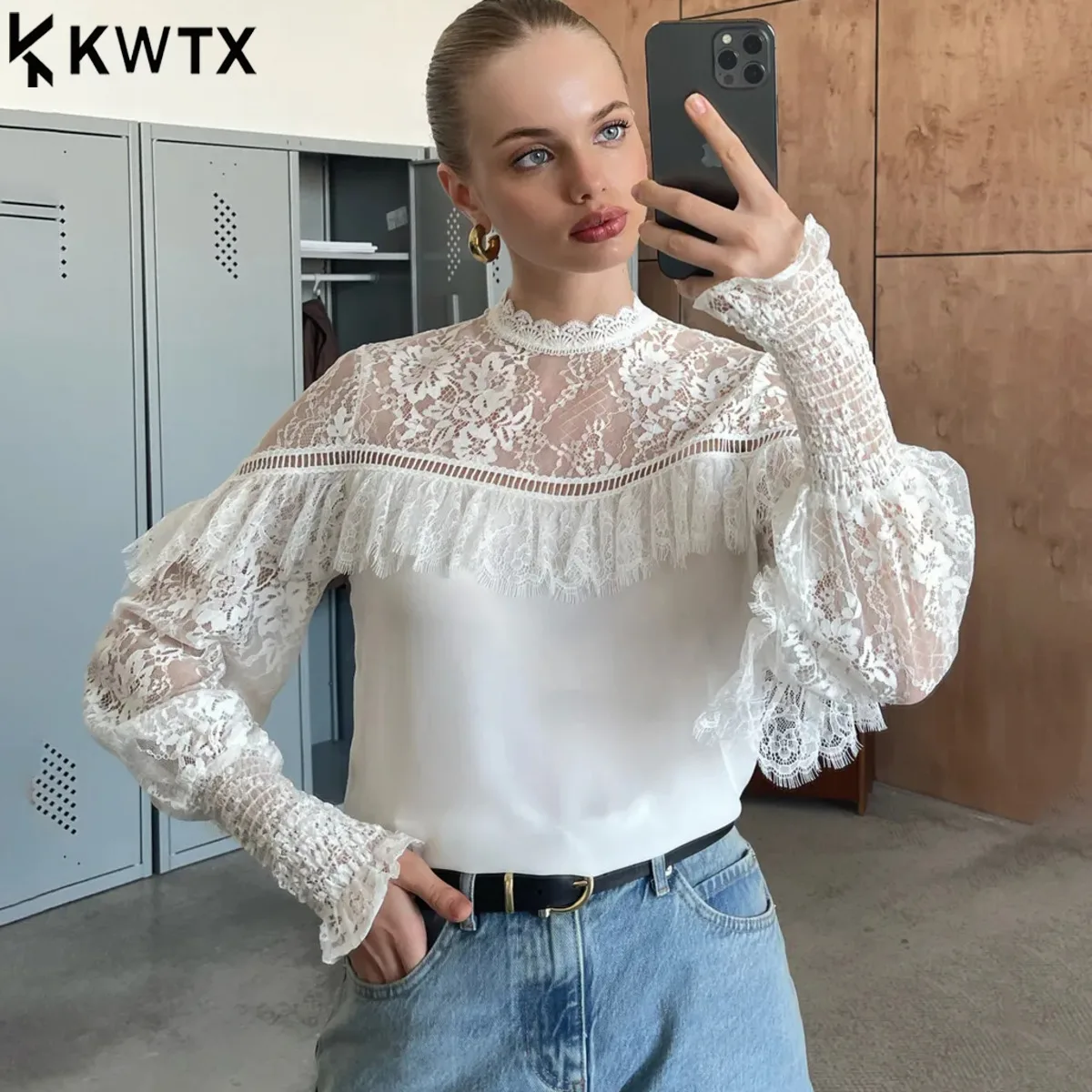 

Новинка: Блузка KWTX 2026 зимняя, французский винтаж, белая, кружевная, полупрозрачная, женская, с длинными рукавами, с оборками, элегантная, для офиса, вечеринок, повседневная