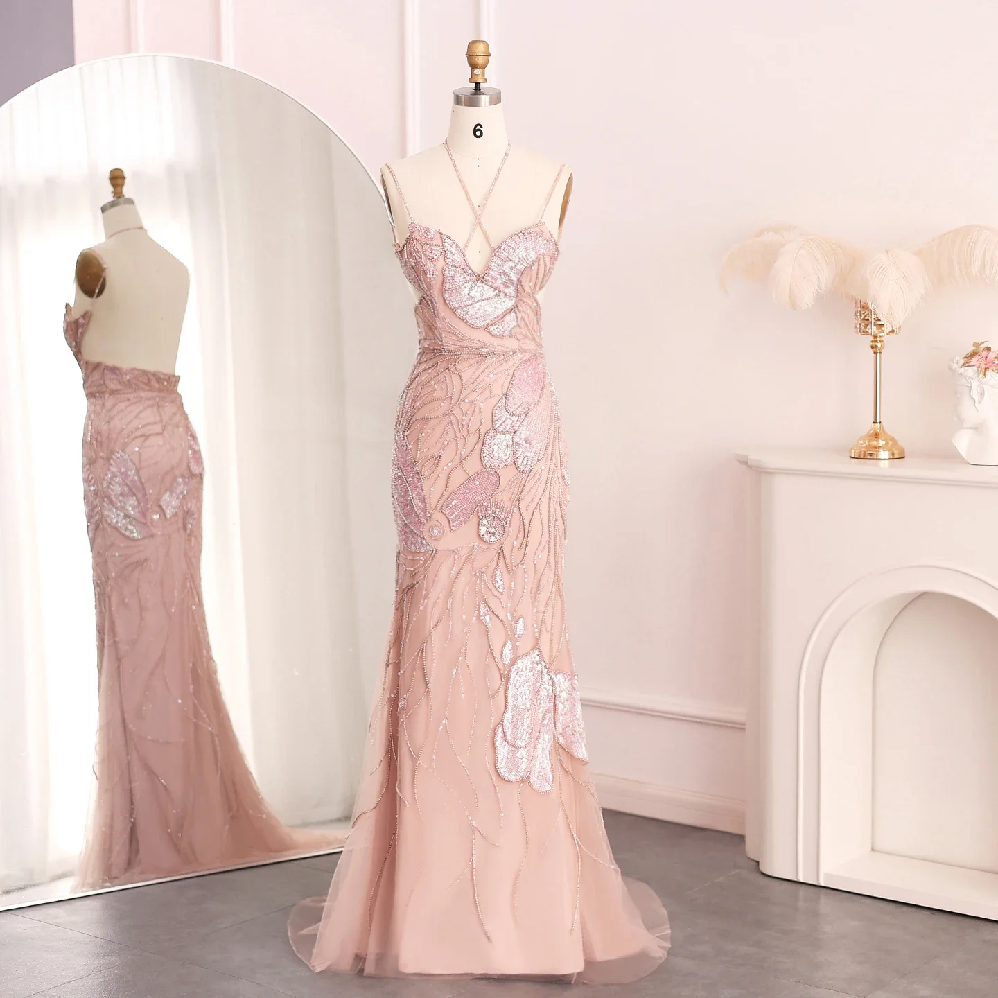 Sharon Said Luxury Mermaid Pink Evening Dresses with Feathers Scarf Spaghetti Dubai Blue Wedding Prom Gowns SS478 Customized