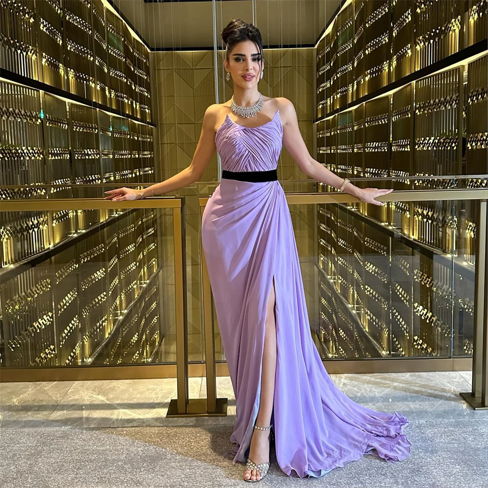 

Tarot Purple Chiffon Strapless Prom Dresses Sleeveless Side Split Formal Evening Gowns Floor Length Saudi Arabia فساتين سهرة