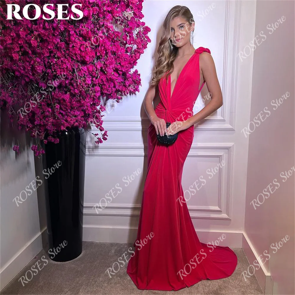 Hot Pink Mermaid Sexy Formal Dresses Tank V Neck Party Dress For Wedding Sleeveless Pleat Special Occasion Dresses robe soirée