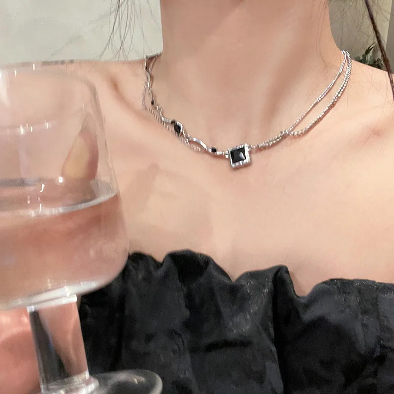 Black Square Pendant Double Layer Necklaces for Women Egirl Trendy Stainless Steel Silver Color Clavicle Chains Necklace Jewelry