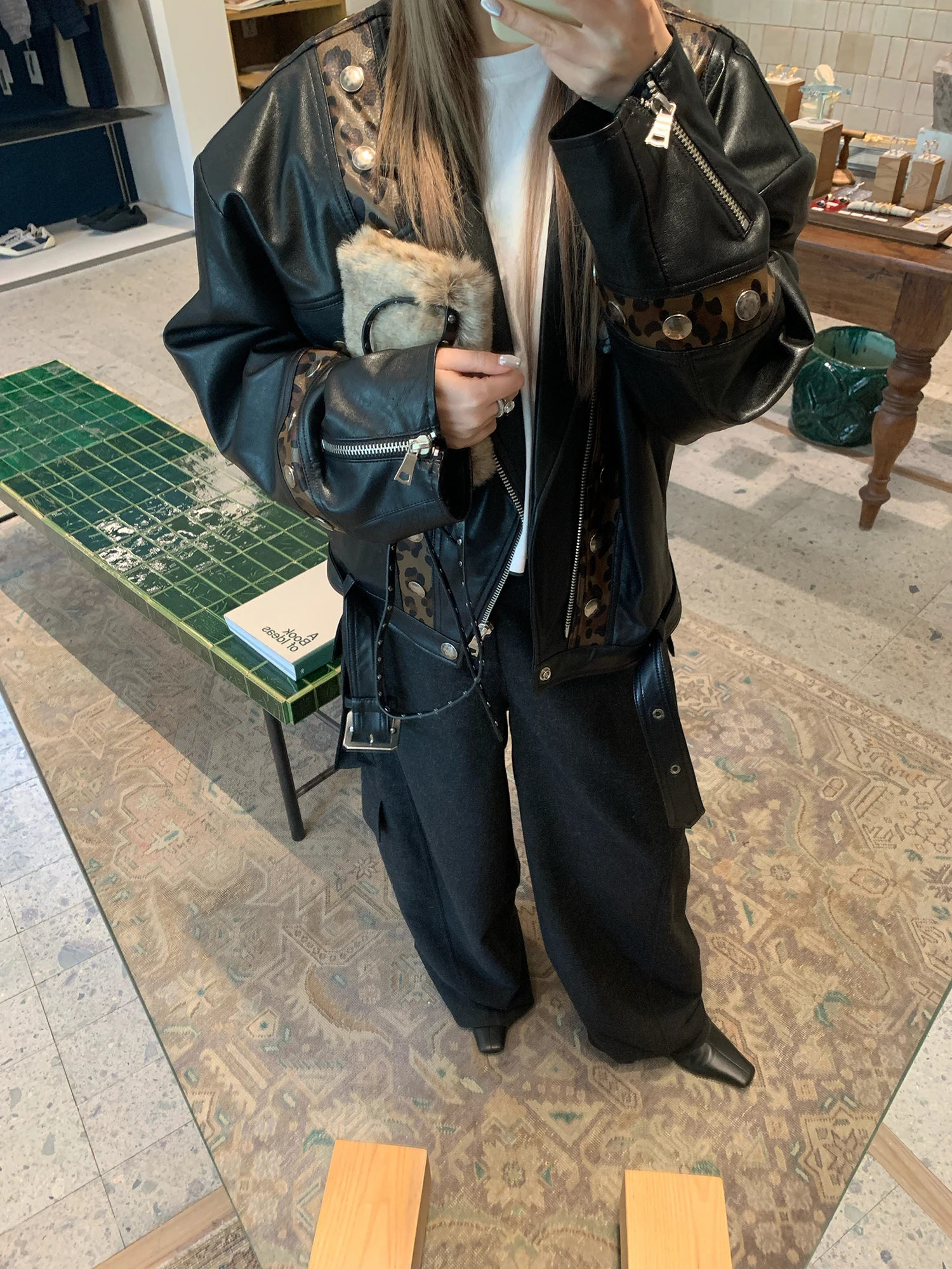 SukiiRED ヘビーウェイト レオパード柄 パッチワーク バイカー ジャケット レディース 特別デザイン PUレザー ブラック ジャケット 長袖 ジッパー