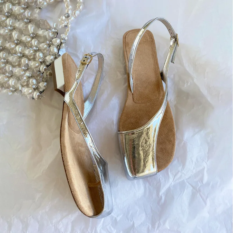 

Summer Women Flats Sandals soft comfort casual Black Leather Outside Footwear Beach Silver Lady Square Toe Sandal