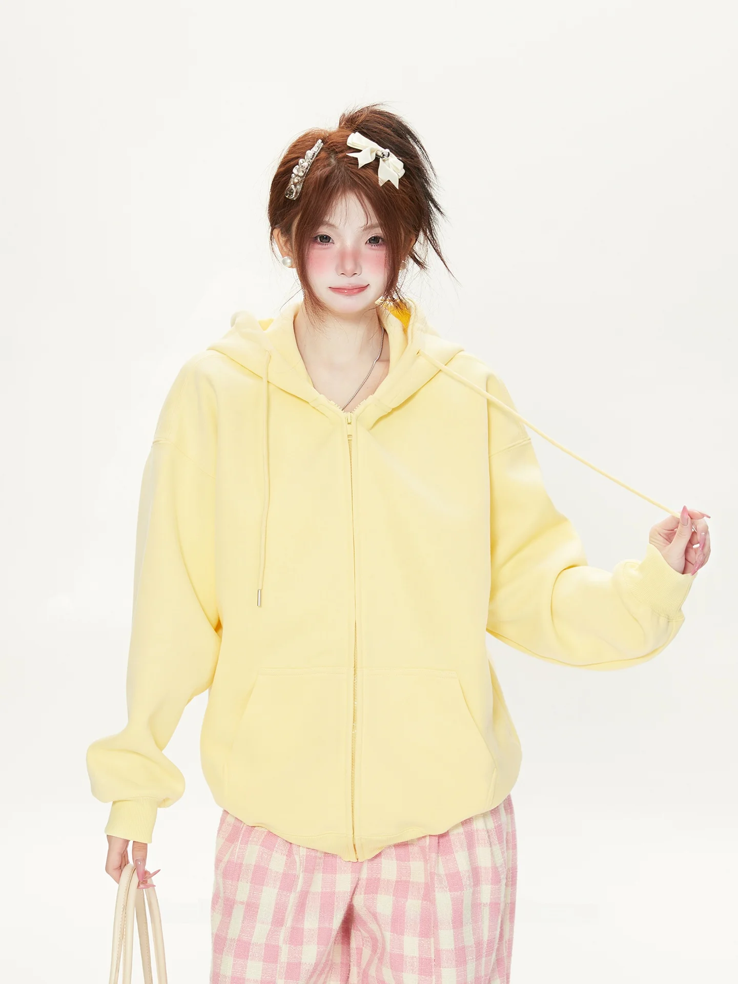 Soft Drawstring Hooded Sweatshirt Cardigan Women's Sweet Yellow Outerwear Korean Style Loose Fit Long Sleeve Zipper Closure