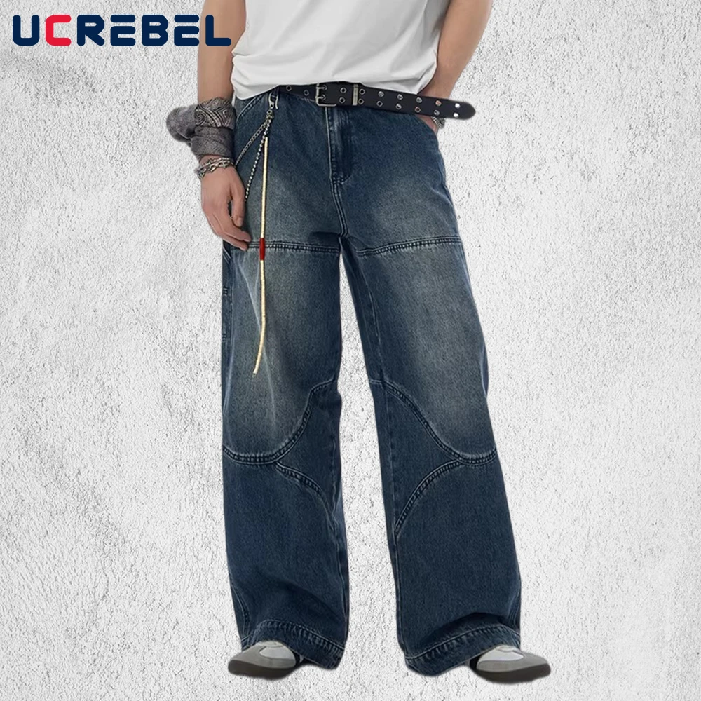 

Мужские джинсы с множеством карманов, с эффектом потертости, в стиле ретро, широкие прямые брюки из денима, уличный стиль