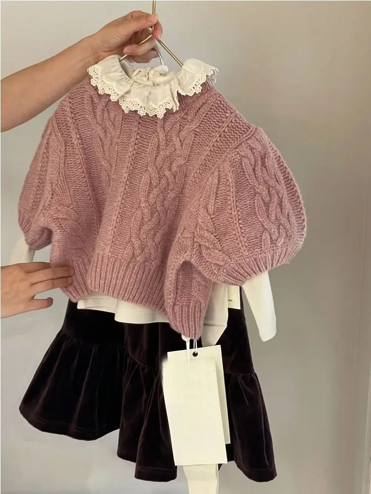 Spring Autumn New Sweet Lace Girls Outfit Set with T-shirt Knitted Sweater And Skirt 3pcs Children's Clothing Ensemble