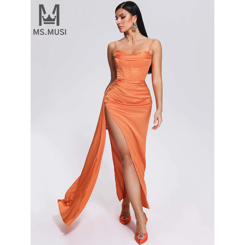 

MSMUSI 2024 New Fashion Women Sexy Strap Corset Draped Fold Sleeveless Backless Bodycon Party Club Event Slit Maxi Dress Gown