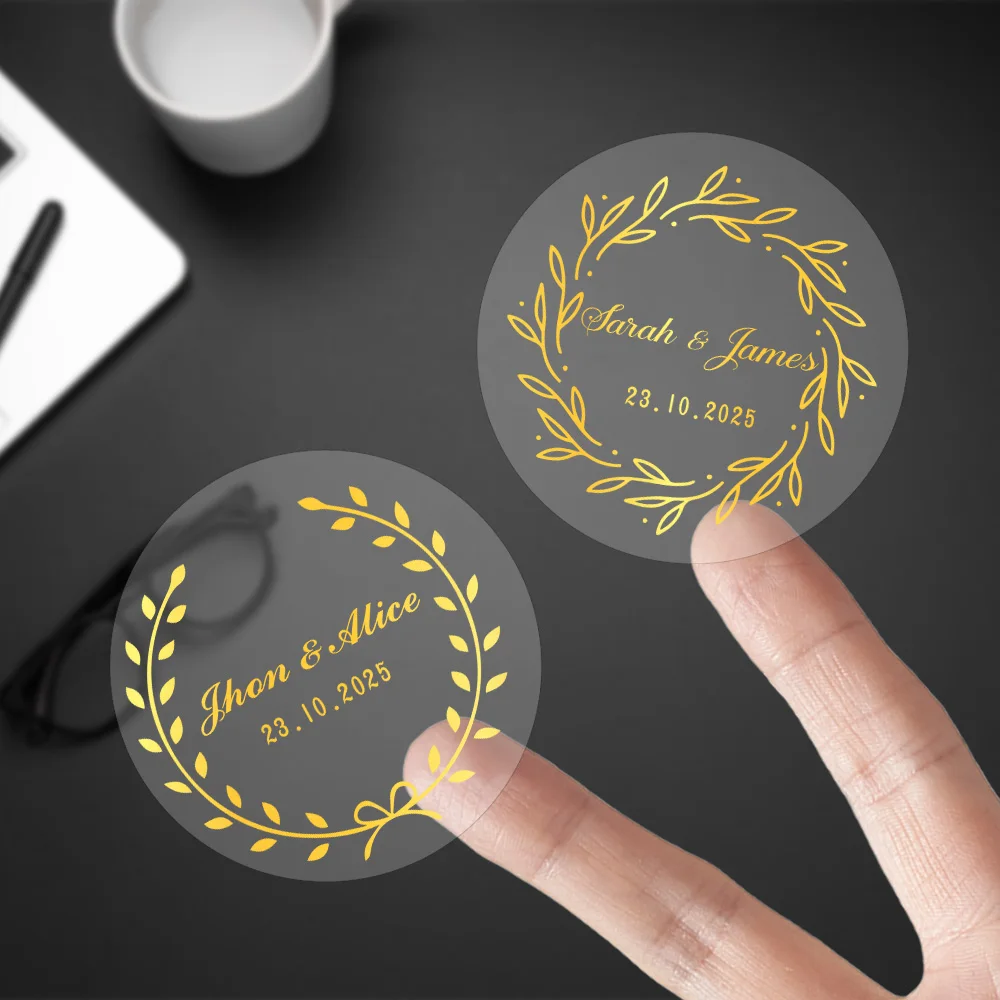48-240pcs Custom Name Time Transparent Gold Waterproof Stickers Bridal Shower Favor Labels Clear Envelope Seals Wedding Stickers