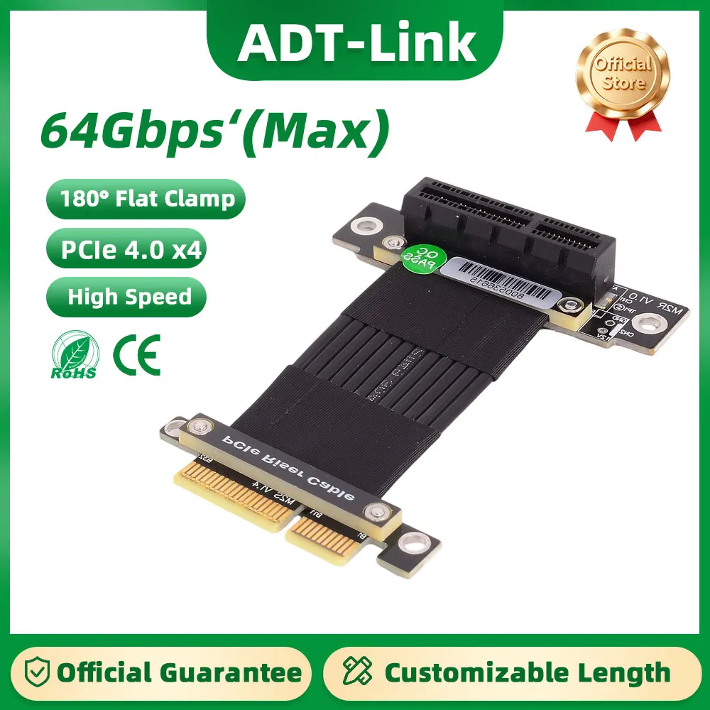 ADT-Link PCIe 4.0 x4 to x4 Riser Dual 90 Degree Right Angle Cable Flexible Extension Cable PCI Express GPU Card Ribbon Adapter