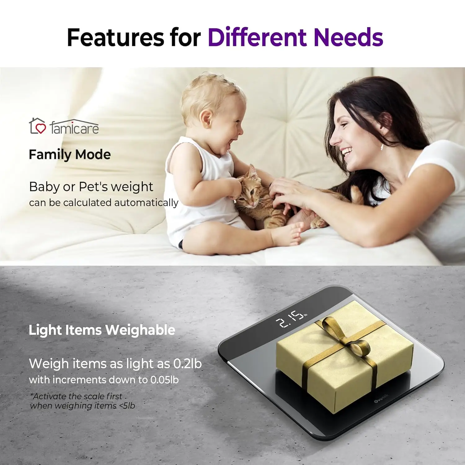 ميزان حمام رقمي مع شاشة LED كبيرة، دقيق حتى 0.05 رطل، يدعم وزن الجسم، وزن الطفل والحيوانات الأليفة يصل إلى 450 رطل