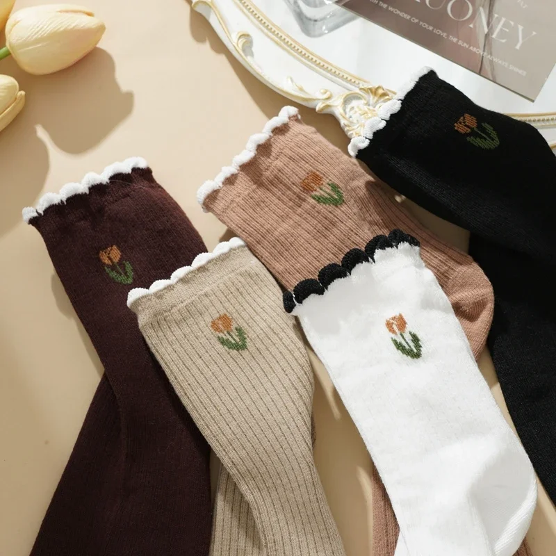 Women's Socks Spring And Summer Thin Breathable White Printed Socks Flowers Women's Fashion Female Cute Ruffle Edge Socks