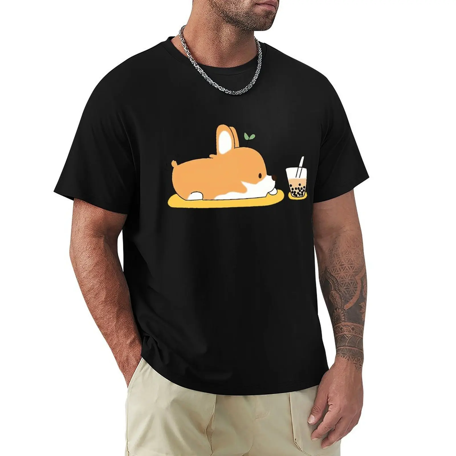 

Corgi And Bubble Tea T Shirt Harajuku Short Sleeve T-shirt 100% Cotton Graphics Tshirt Tops