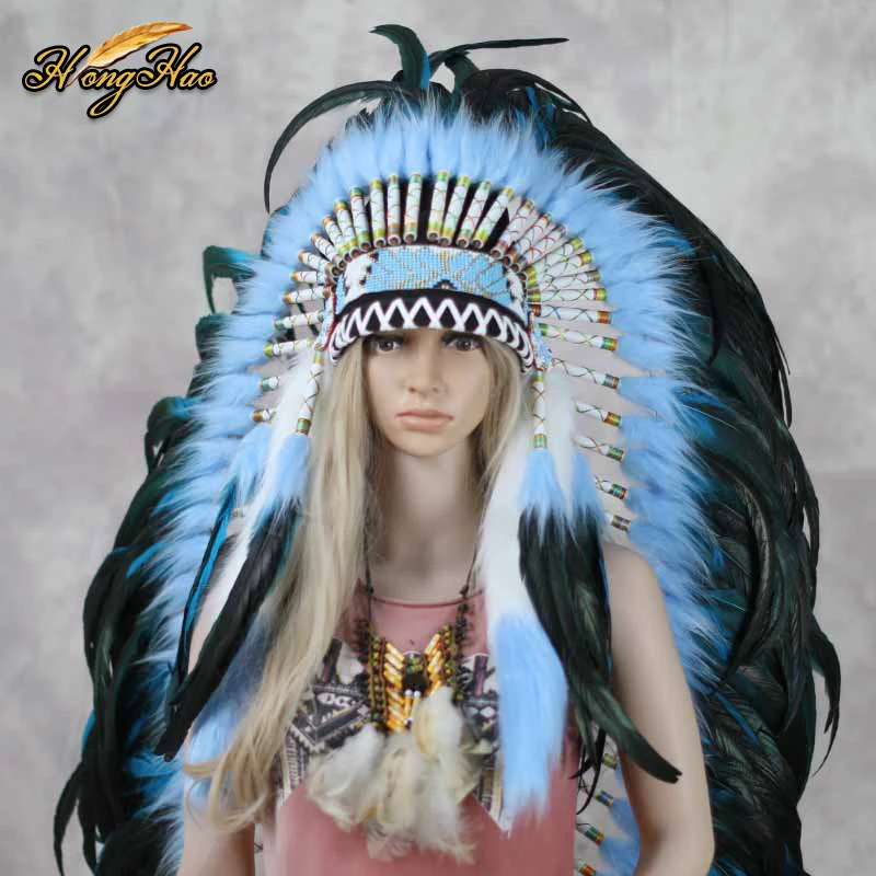 Customized Handmade Big Indian Feather Headdress Replica Made Headpiece Lake Blue Costumes Halloween Party Costume Cosplay