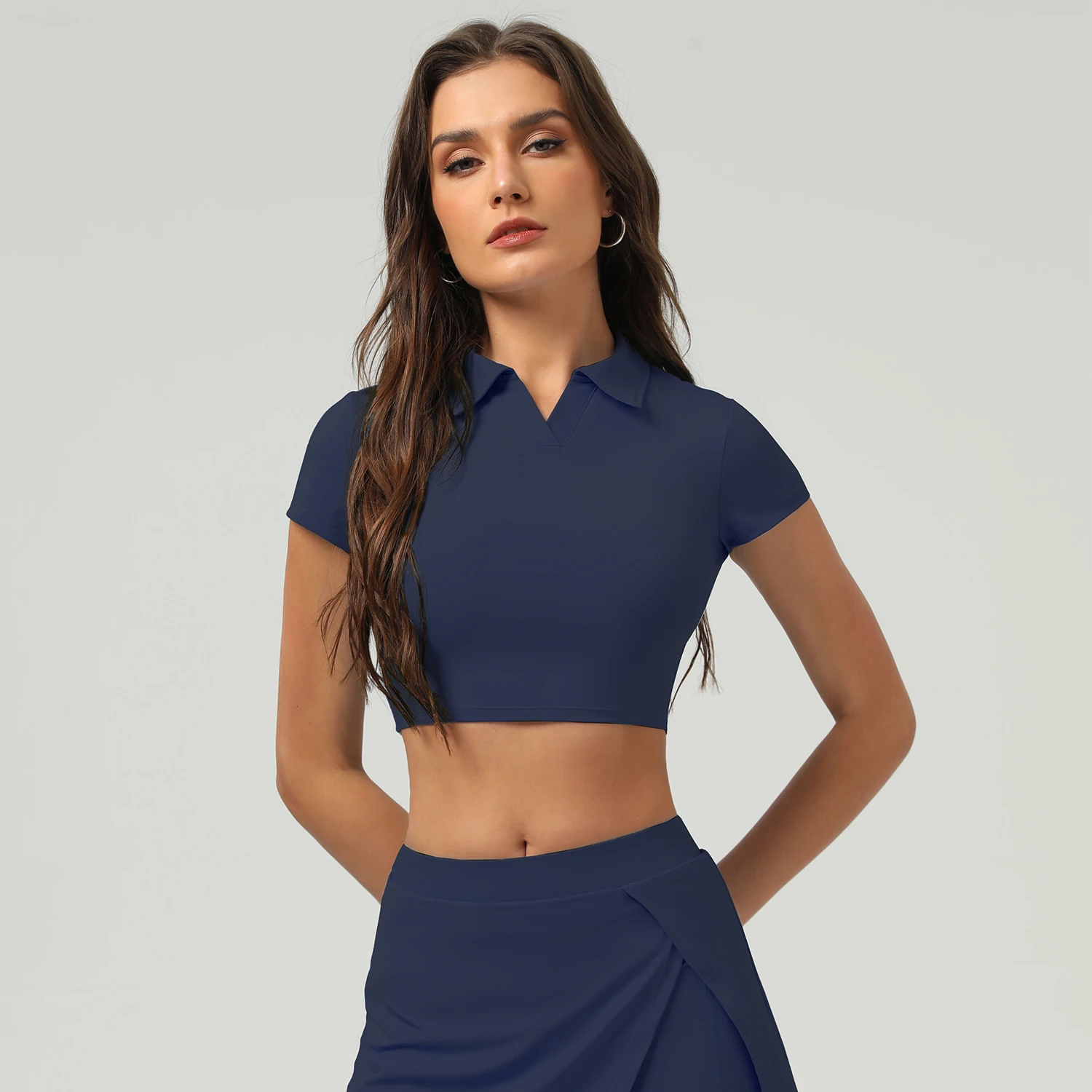 

Women Lapel Short Sleeve Workout Fitness Gym Top Training Casual Yoga Sport Crop T-Shirt