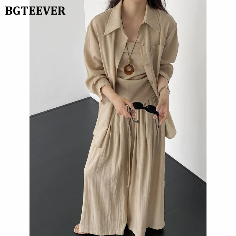 BGTEEVER Vintage-style Linen Three-piece Summer Set for Women, Shirt, Camisole, Wide-leg Pants, Casual Suit
