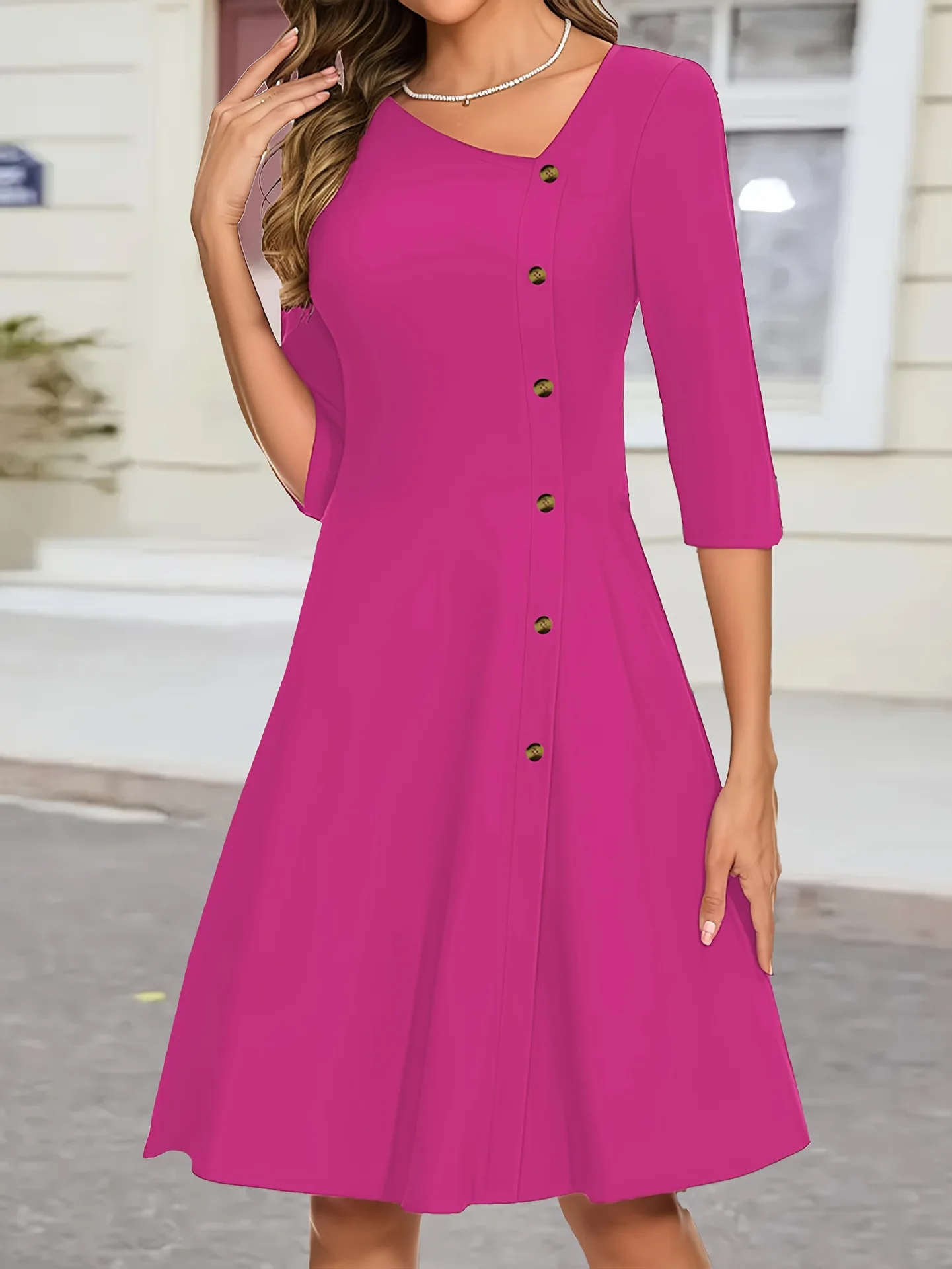 

Новое платье осени-зимы 2025 года, женское элегантное рабочее платье трапециевидной формы с рукавами 3/4 и пуговицами на талии для женщин, модное платье больших размеров 4XL 5XL