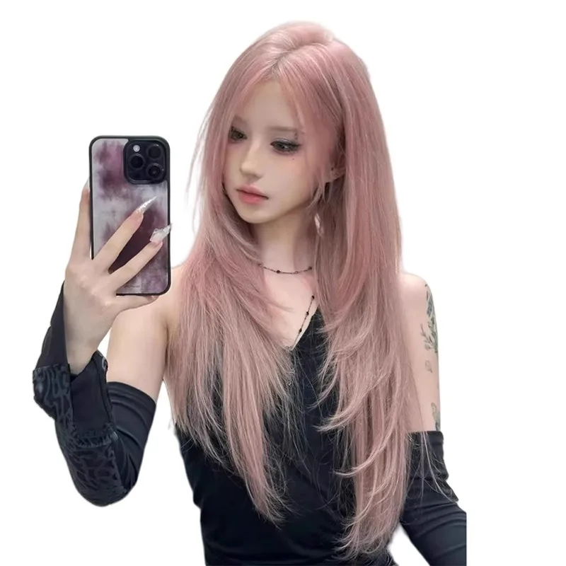 Synthetic Pink Long Straight Wig Middle Part Layered Style Fashion Costume Party Cosplay Lolita Anime Roleplay Heat Resistant