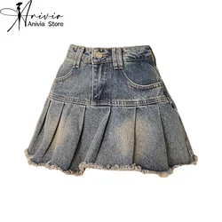 Jupe courte en jean taille haute pour femmes, bord bavuré, épissé, décontracté, ligne A, Harajuku, style coréen Y2K, mini jupe plissée, été, mignon