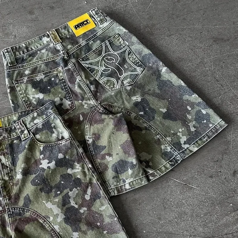 Deeptown Y2k Vintage Camouflage Short Jeans Man Women Washed American Retro Camo Denim Jorts Baggy Hip Hop Streetwear Summer