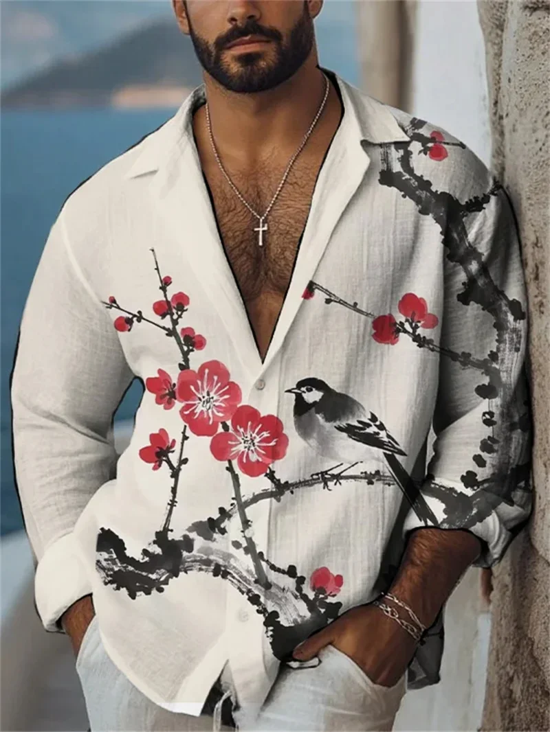 Men's Long Sleeve Linen Shirt HD 3D Animal Print Floral Pattern Casual Comfort Top