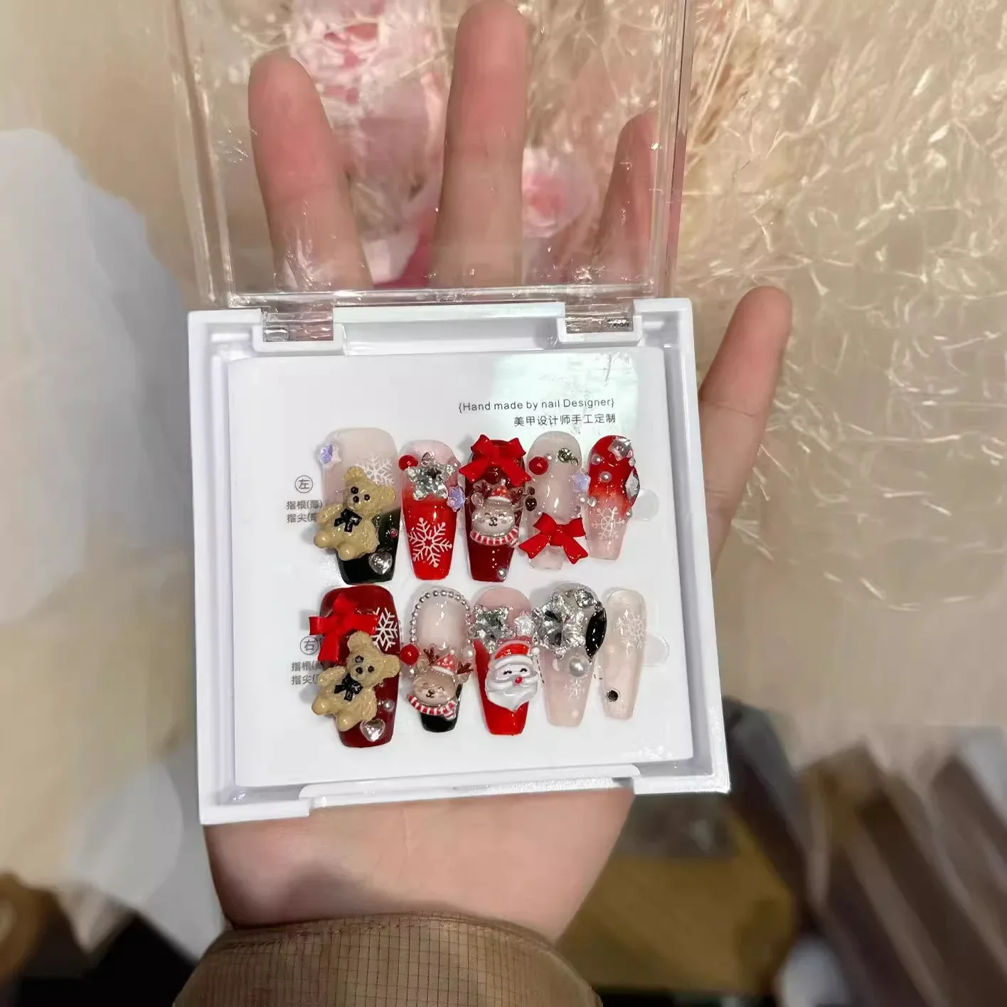 Press On Nails Make Handmade Christmas Elements Cartoon Cute Bear Bow Elk Red Festive New Year Removable Reusable Fake Nails