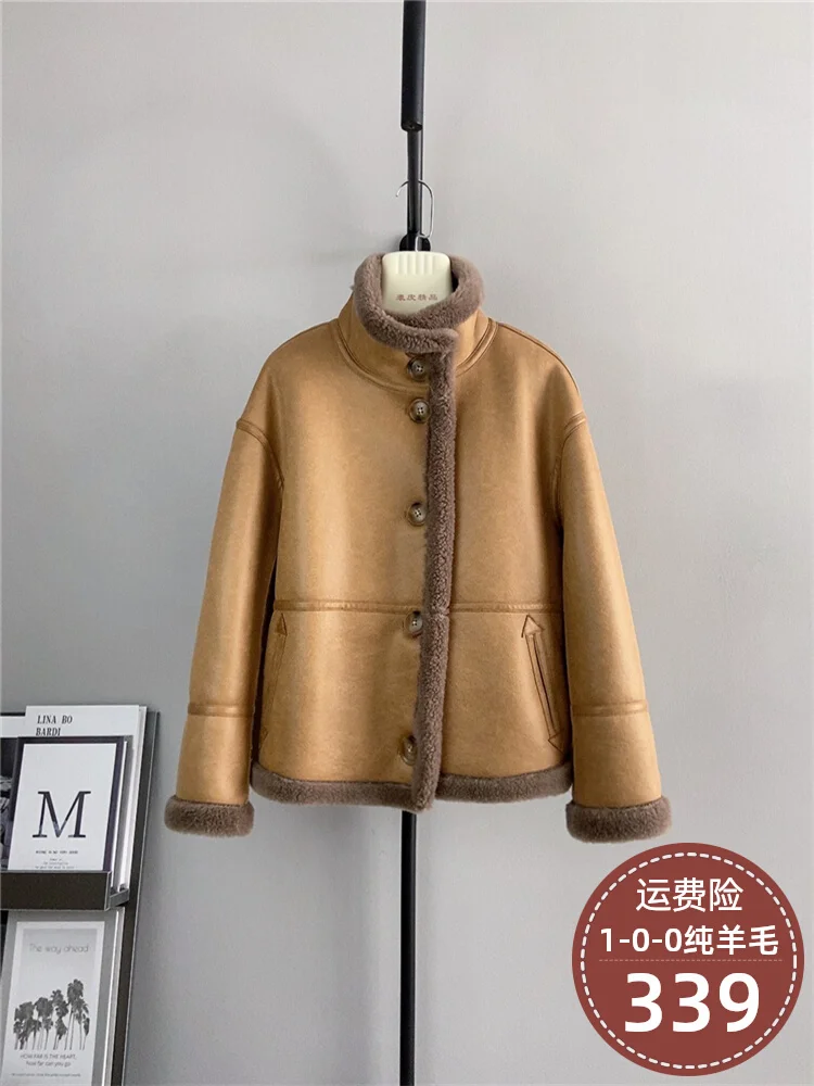 2024 new sheep shearing fur integrated double-sided fur coat for women's winter short style standing collar motorcycle thickened