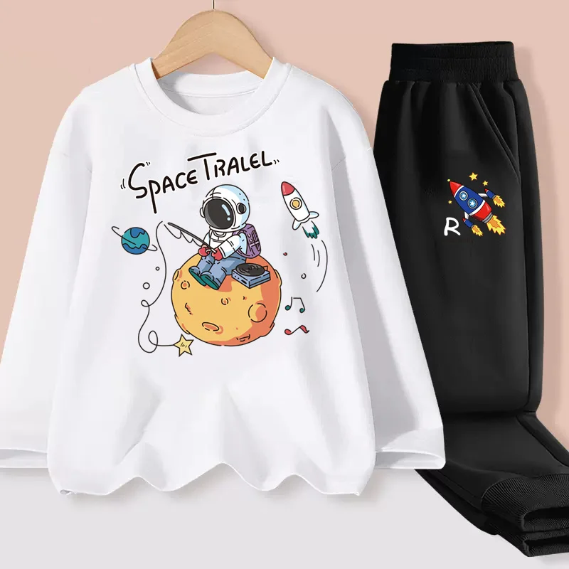 Aimi Lakana Childrens Long Sleeve T-shirt Sets Astronaut Cartoon Clothing Baby Boy Spring Autumn Tops +Pants Suit