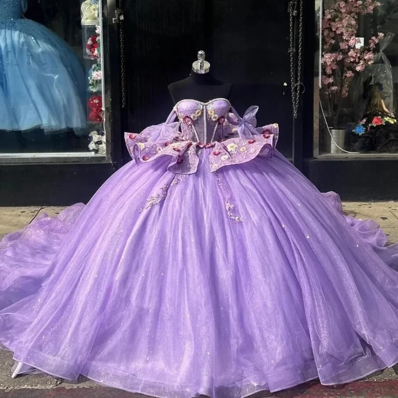 

Gillter Sparkly Lavender Purple Princess Quinceanera Dresses 3D Floral Beads Tull vestidos de 15 años Party Birthday Sweet 16 Go