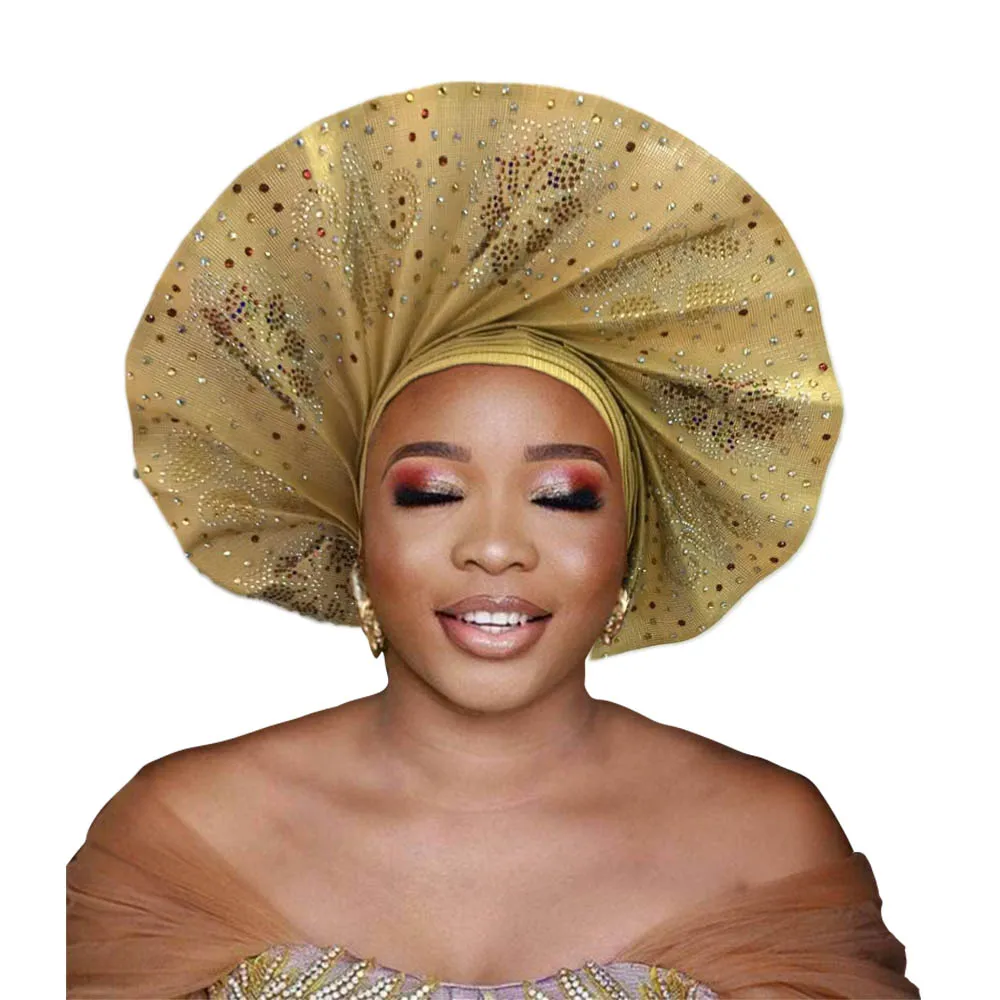 Gele automático africano para boda tradicional Nigerial Aso Oke Fan Shap Headwear