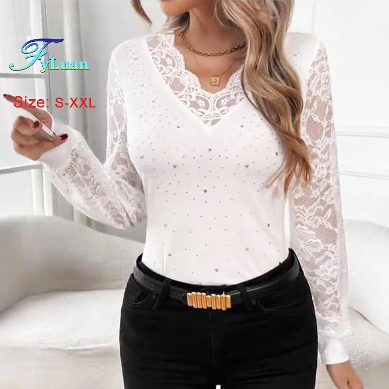 2025 New Temperament Women's T-Shirt V Neck Solid Color Splicing Lace Hot Rhinestones Pullover Fashion Lantern Sleeve Loose Top