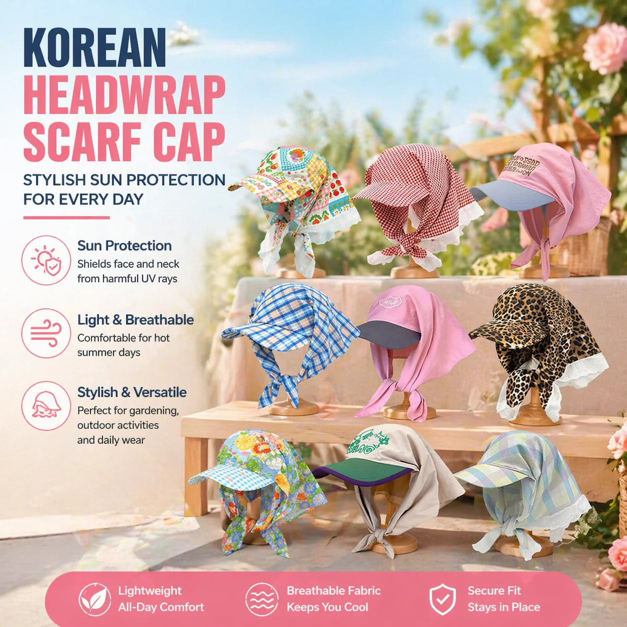 Korean Style Bandana Sun Hat for Women Lace Up Baseball Cap Sun Protection Headscarf Hat Summer Beach Outdoor Floral Print Cap