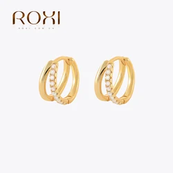 ROXI Real 925 Sterling Silver Double Layer Hoop Earrings Cubic Zirconia Piercing Earrings For Women 1PC Punk Street Fine Jewelry