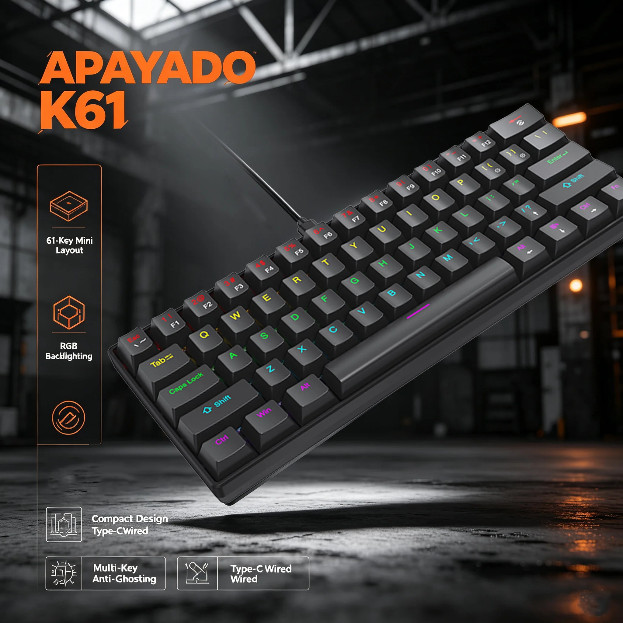 APAYADO K61 60% Mechanical Gaming Keyboard 61 Keys Wired RGB Backlit Red Blue Switch Type C Mini Keyboard PC Laptop