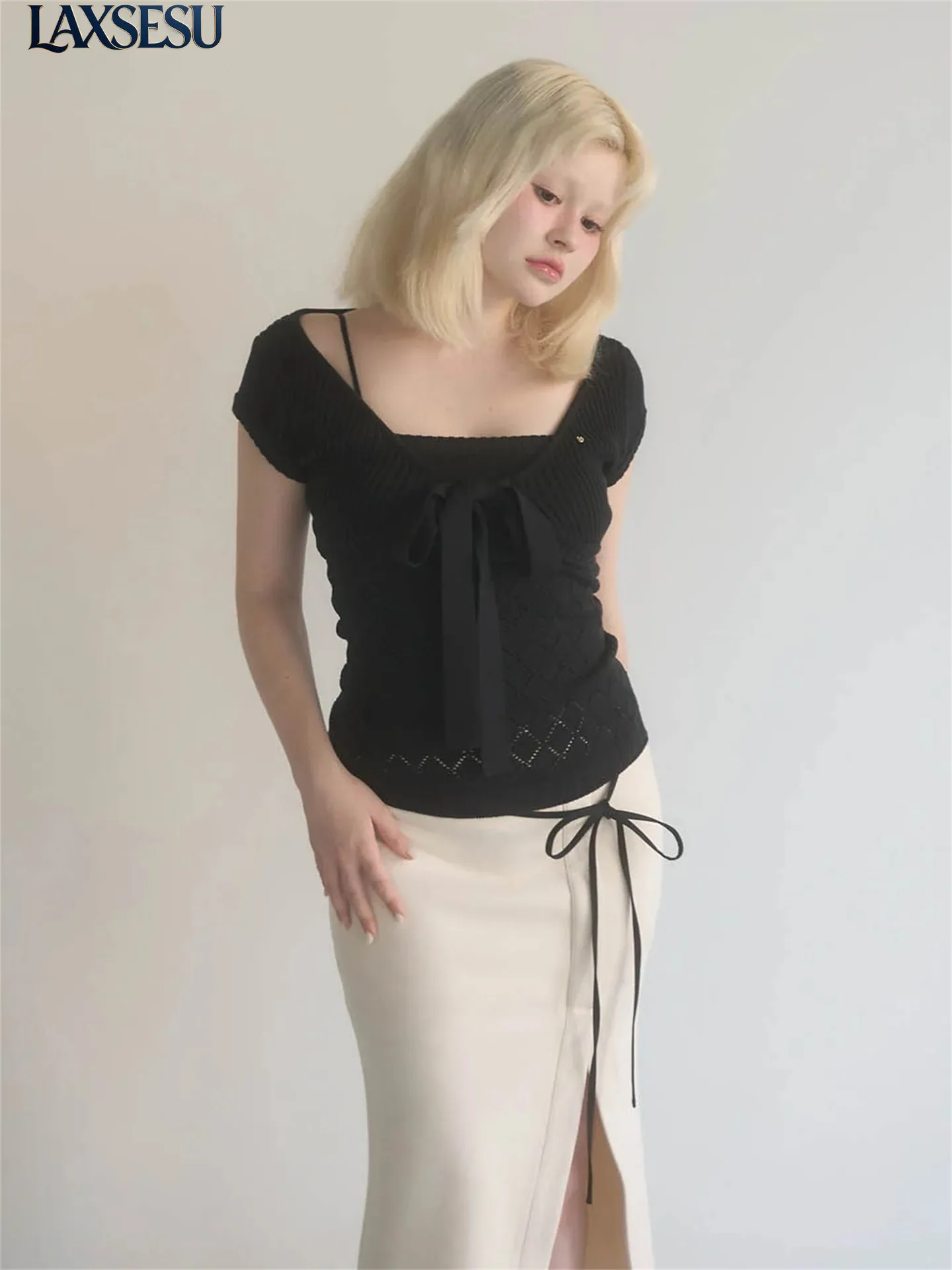 Japanese Style New Pure Desire Style Girl Bow Slimming Diamond Grid with Chest Cushion Vest Cardigan Knitted Top for Women