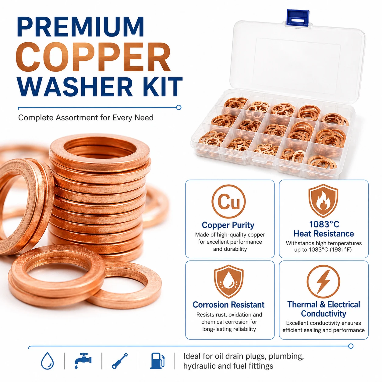 1 Box Coppers Washers Assortment Kit, High Temp Sealing Crush Flat Gaskets Set for Automotive Plumbing Hydraulic Systems