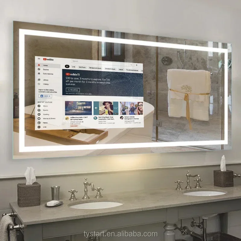 Smart Mirror Function Glass Android Tv With Touch Screen Bluetooth Customized Size Mirror Smart Magic Hotel Bathroom