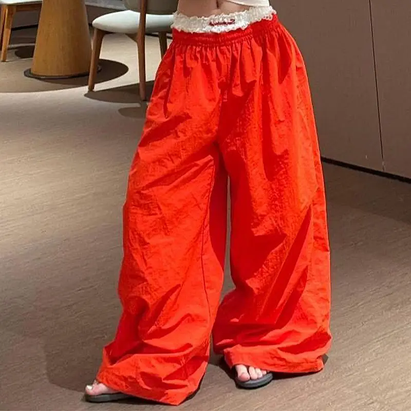 

American Vintage Red Sweat Pants Low Waist Women'S Straight Wide Leg Pants Casual Baggy Mopping Trouser Ladies Summer 2024 New