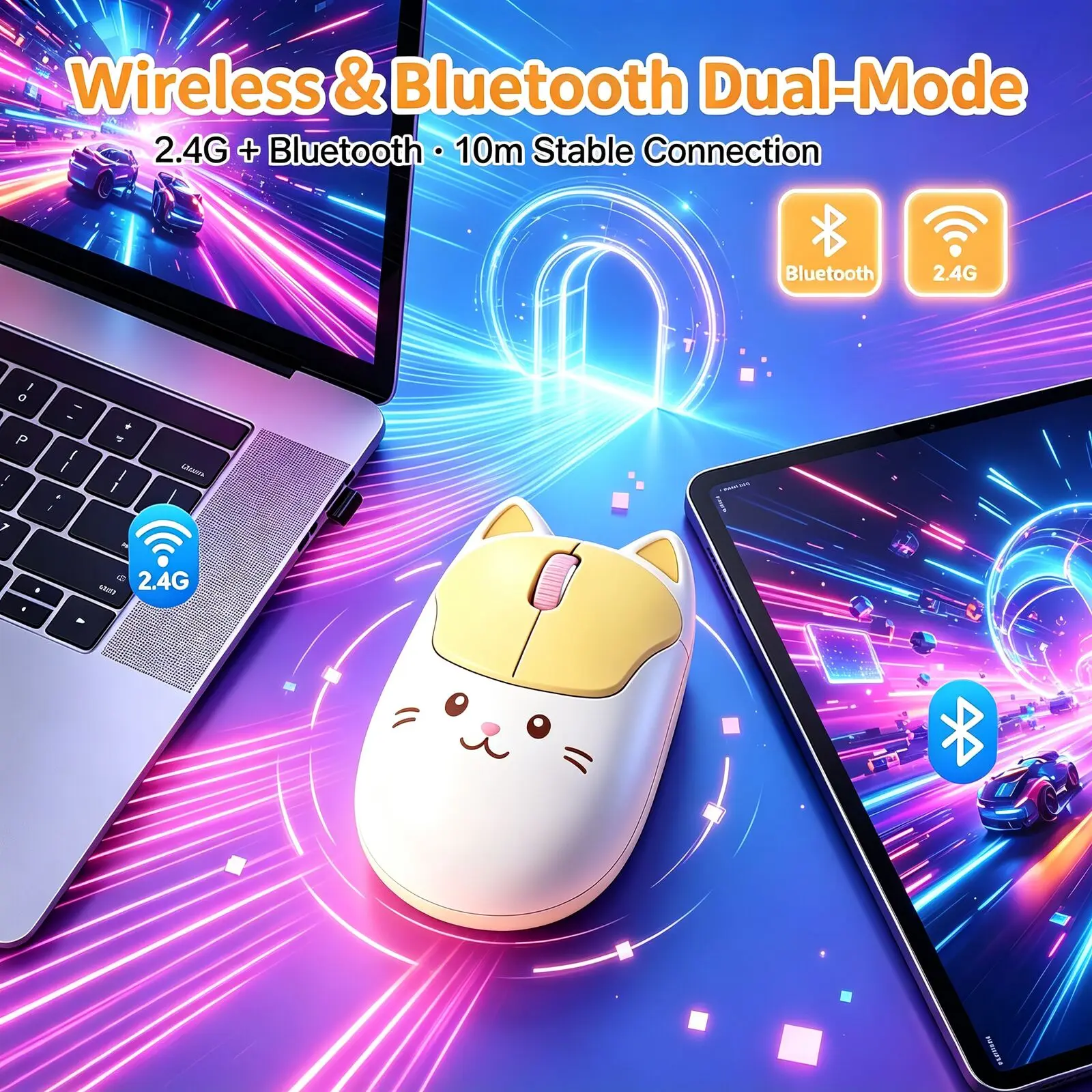 Cute Cat Wireless Mouse Dual Mode Bluetooth 2.4G Silent Click Ergonomic Portable Computer Mouse for PC Laptop Tablet Smartphone