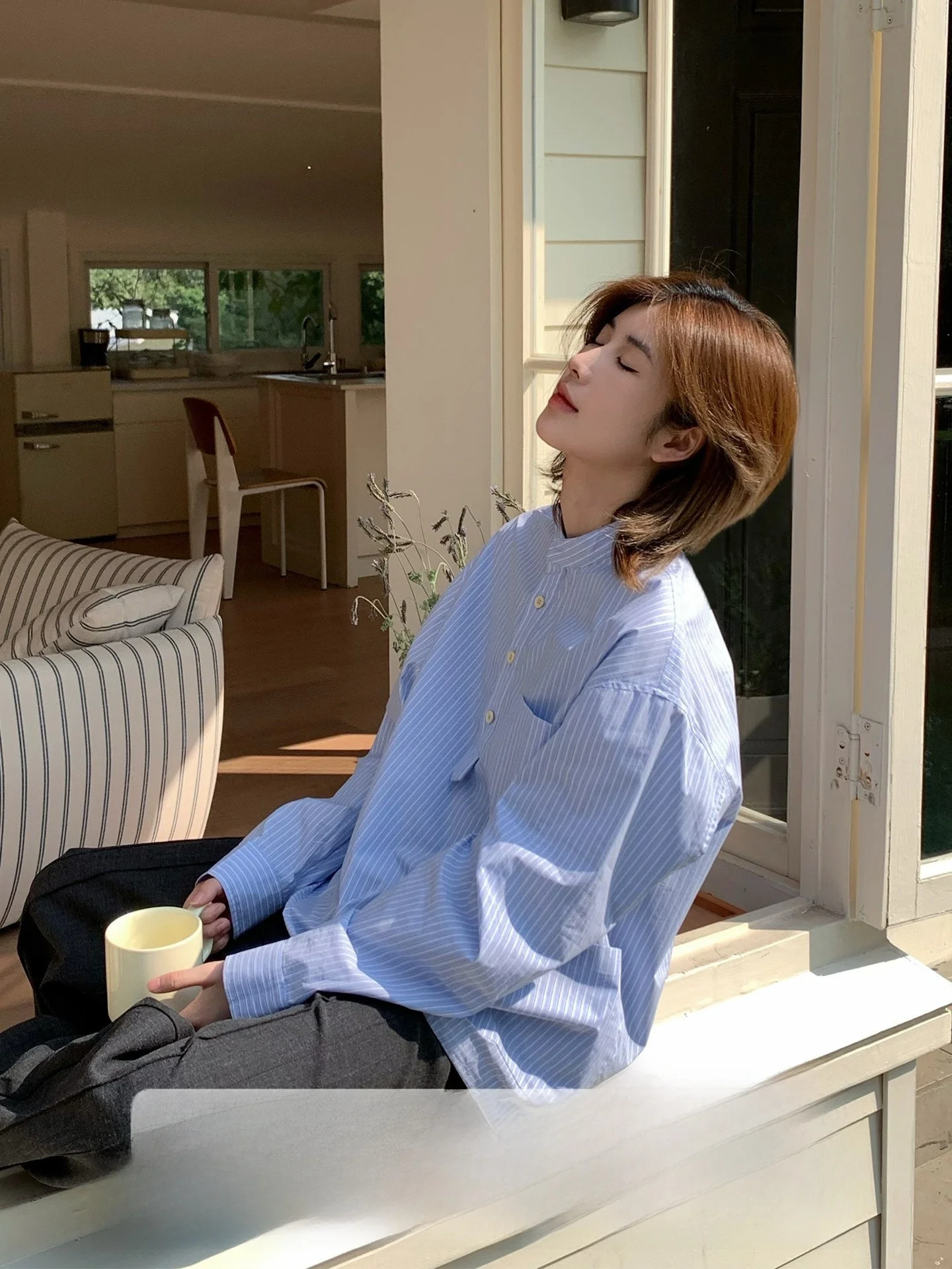 

Ja Blue Cotton Long Sve irt Stand Collar Loose Casual ex Pure Cotton irt Never Stay up Late Series